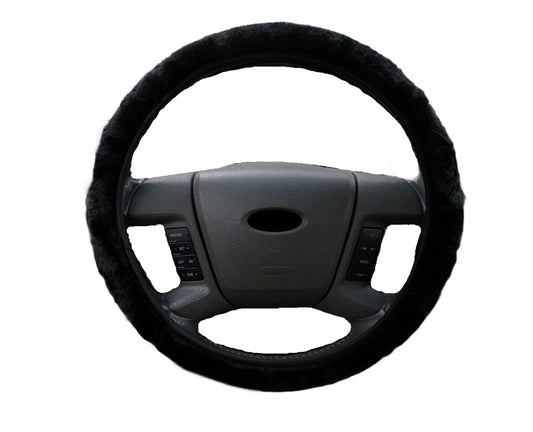 Plush Steering Wheel Cover, Faux Sheepskin, Plush, Cozy, Black, Steering Wheel Protection, Ultra Comfort, Temperature Neutralizing, Comfortable Steering Wheel Cover